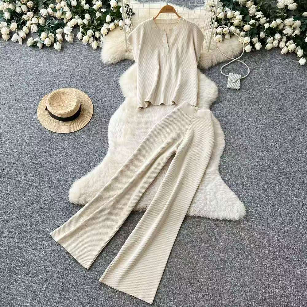 Korean chic summer outfit retro contrasting color lapel sleeveless knitted top+high waist slimming wide leg pants two-piece set Korean chic summer outfit retro contrasting color lapel sleeveless knitted top+high waist slimming wide leg pants two-piece set