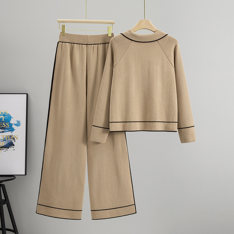 Cross border foreign trade fashion suit temperament style metal buckle contrasting edge cardigan top wide leg pants two-piece set women's spring and autumn Cross border foreign trade fashion suit temperament style metal buckle contrasting edge cardigan top wide leg pants two-piece set women's spring and autumn