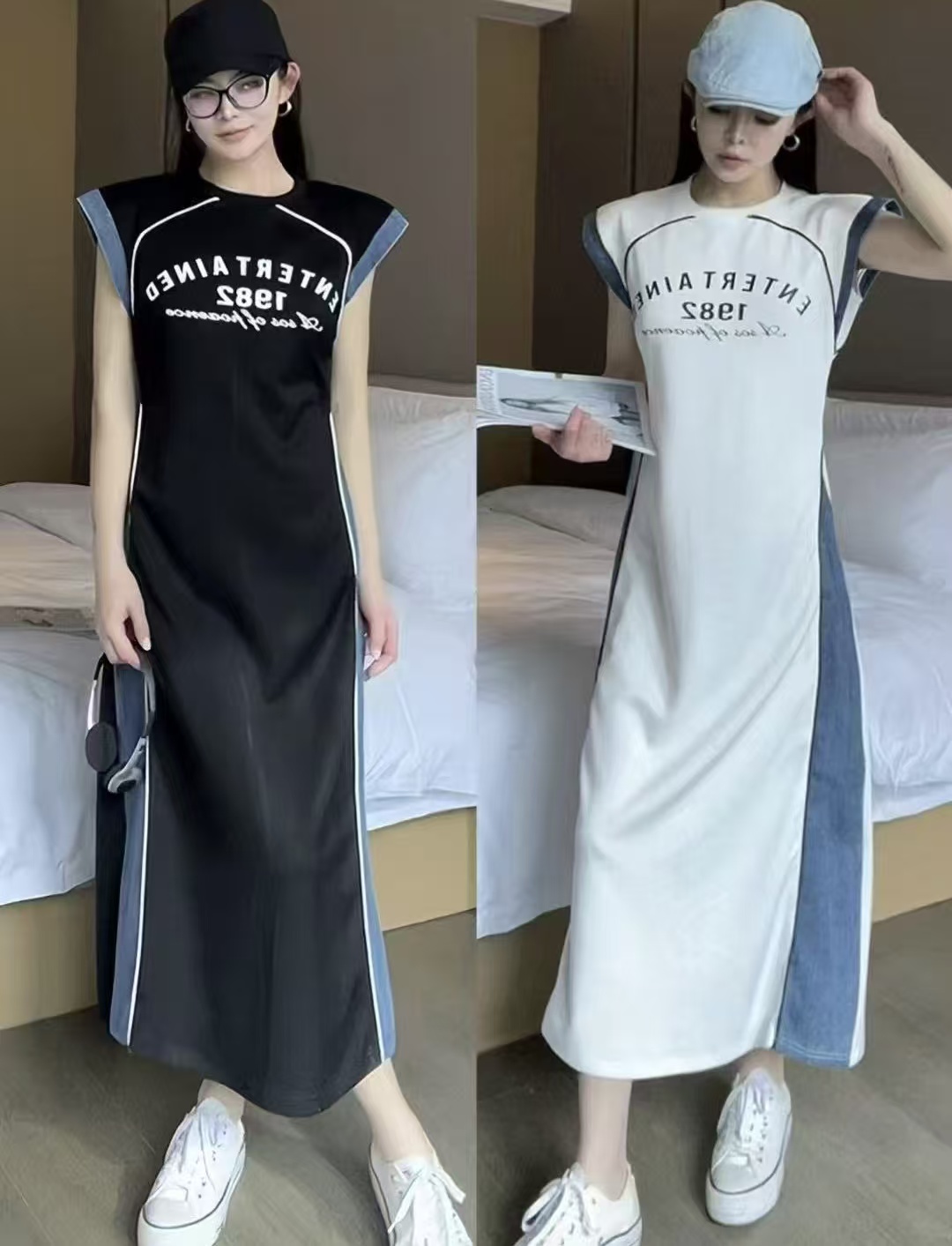 Design sense: Small stature spliced European goods, niche sleeveless, slim fit, slimming, medium length skirt