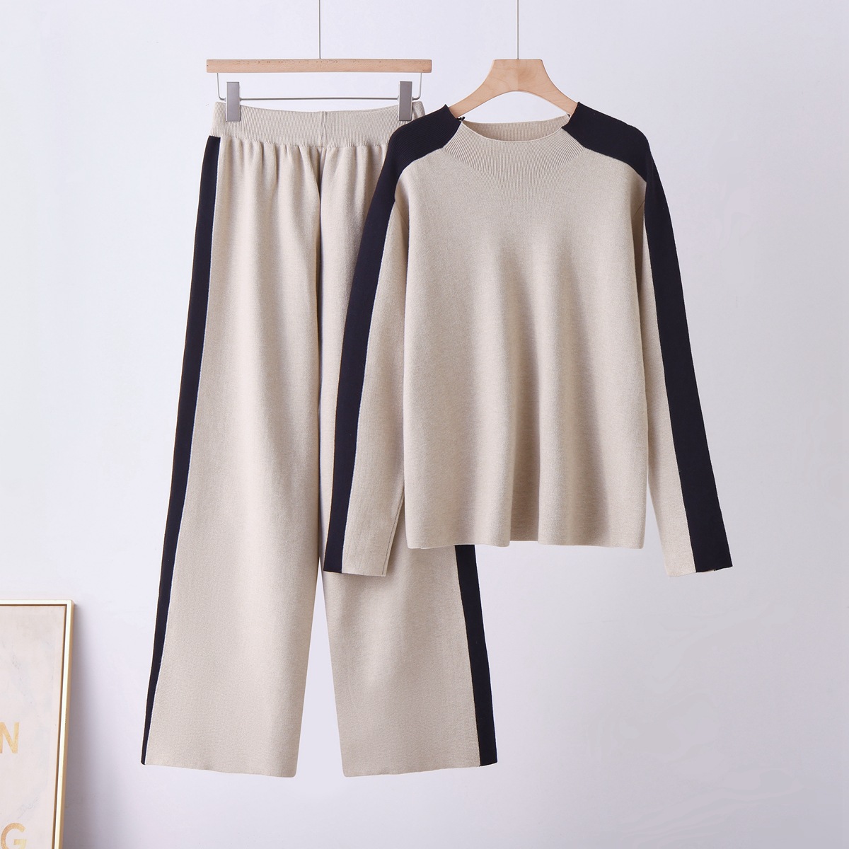 Cross border foreign trade new fashionable loose and slim knit sweater, women's high waisted contrasting wide leg pants two-piece set Cross border foreign trade new fashionable loose and slim knit sweater, women's high waisted contrasting wide leg pants two-piece set
