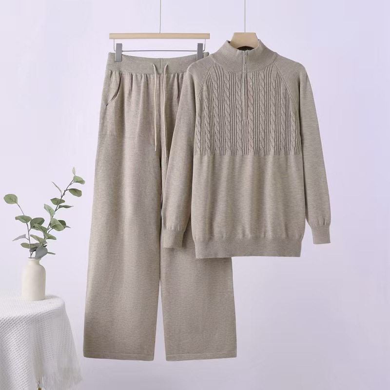 European and American casual fashion knitted women's autumn and winter temperament versatile long sleeved half zipper sweater elastic wide leg pants set European and American casual fashion knitted women's autumn and winter temperament versatile long sleeved half zipper sweater elastic wide leg pants set