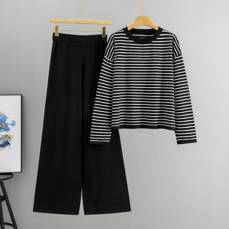Spring and Autumn New Fashion Set Women's Cross border Round Neck Striped Sweater Wide Leg Pants Loose Casual Style Lazy Dressing
