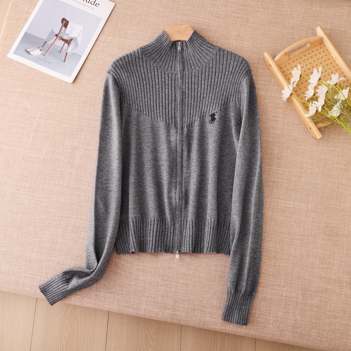 Early Autumn New Korean Double Zipper Knitted Cardigan Women's Embroidered Half High Collar Pit Strip Sweater Coat Casual Top Women