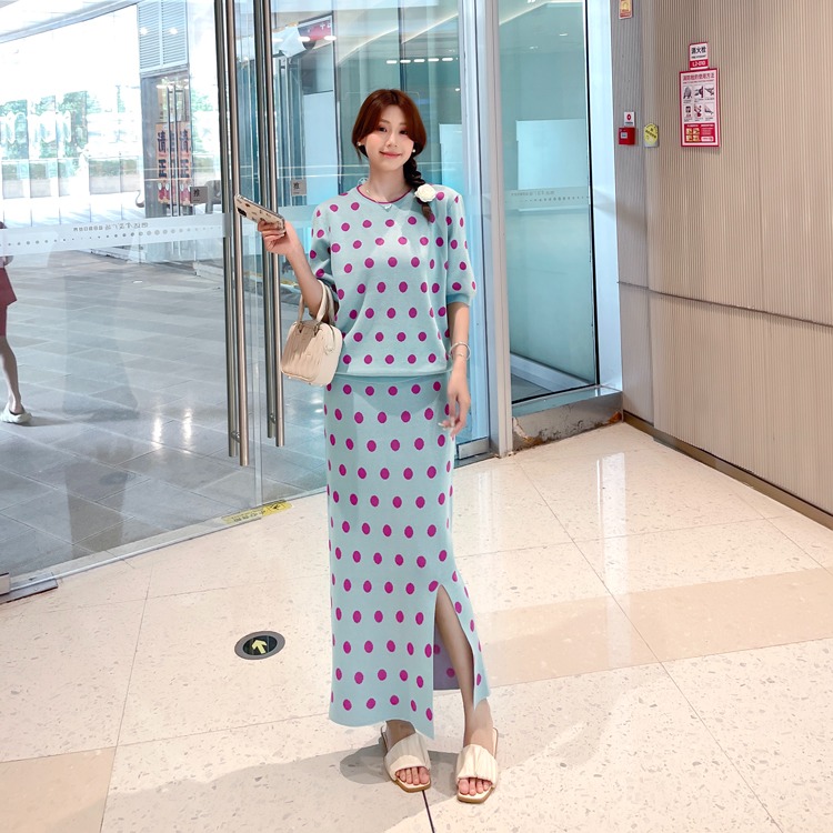Korean chic summer retro temperament round neck polka dot short sleeved knit shirt+high waisted hip hugging skirt two-piece set