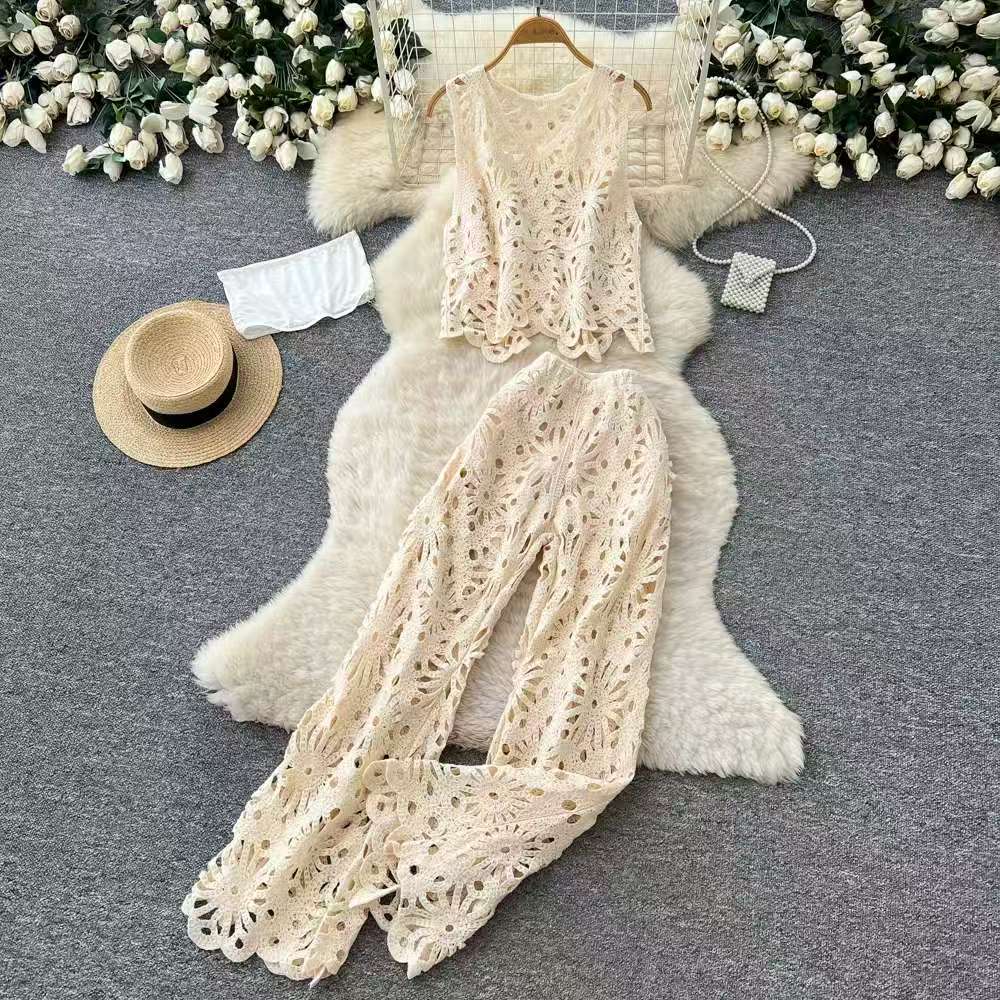 Hollow hook flower slightly flared slimming wide leg knitted elastic waist casual long pants Hollow hook flower slightly flared slimming wide leg knitted elastic waist casual long pants