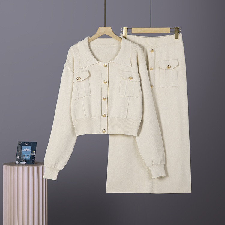 Cross border French collar small fragrance style set autumn and winter sweater women's cardigan top knitted slim half skirt two-piece set Cross border French collar small fragrance style set autumn and winter sweater women's cardigan top knitted slim half skirt two-piece set
