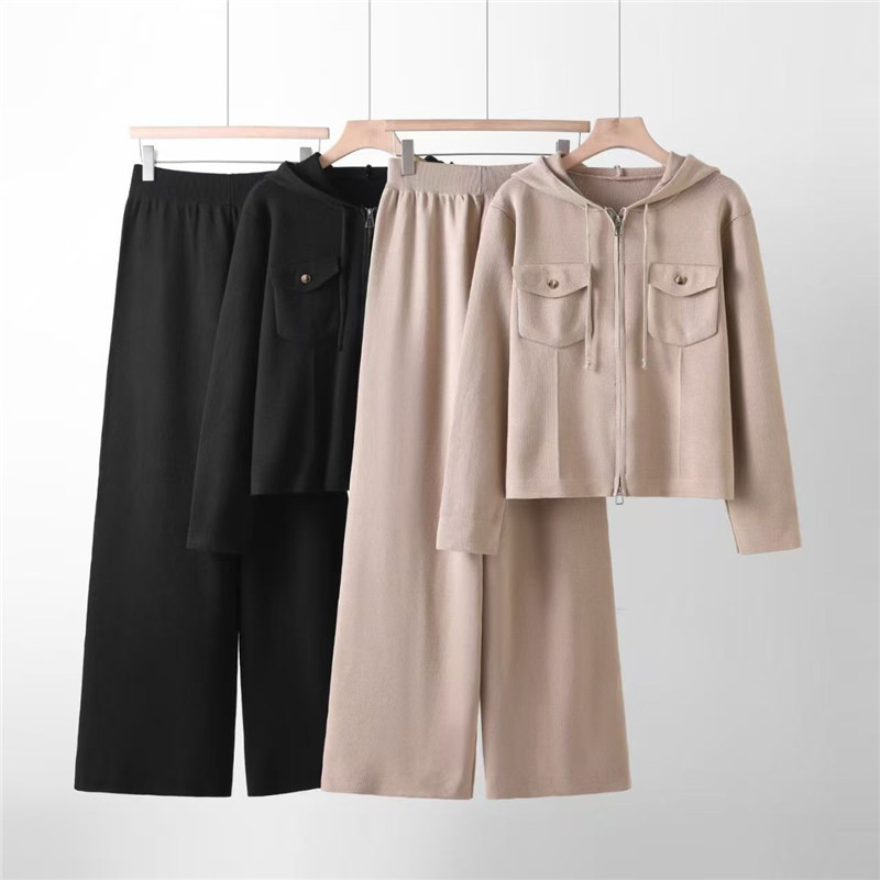 2026 Autumn and Winter New Casual Sports Knitted Set Women's Fashion Western Zipper Coat Wide Leg Pants Two Piece Set
