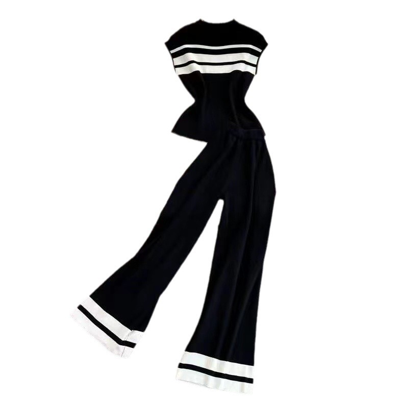 Fashion suit women's Korean version sleeveless slim knit top two-piece set casual high waist slimming straight leg wide leg pants Fashion suit women's Korean version sleeveless slim knit top two-piece set casual high waist slimming straight leg wide leg pants
