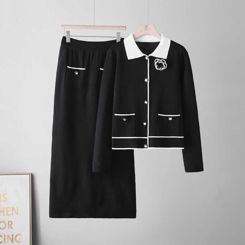 Cross border Korean Camellia Sweater Set Women's Spring/Autumn Knitted Top Skirt Two piece Set Autumn/Winter Korean Cross border Korean Camellia Sweater Set Women's Spring/Autumn Knitted Top Skirt Two piece Set Autumn/Winter Korean