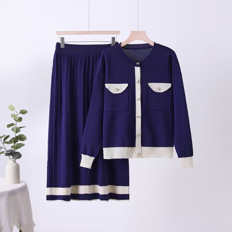 Cross border new Korean knitted cardigan loose and lazy V-neck jacket cardigan casual pleated skirt set Cross border new Korean knitted cardigan loose and lazy V-neck jacket cardigan casual pleated skirt set