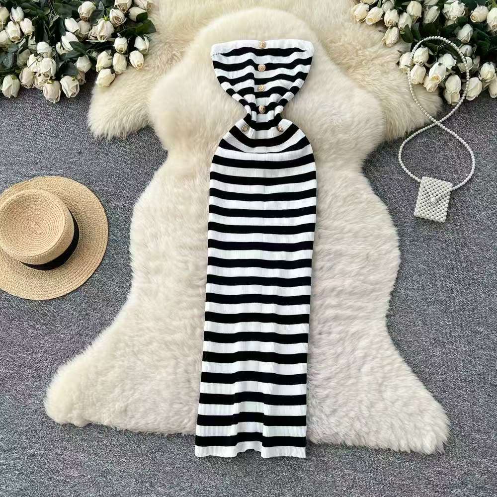 Mingyuan chic autumn outfit new fashionable and sexy heavy metal buckle sleeveless waist cinching slim striped knitted dress