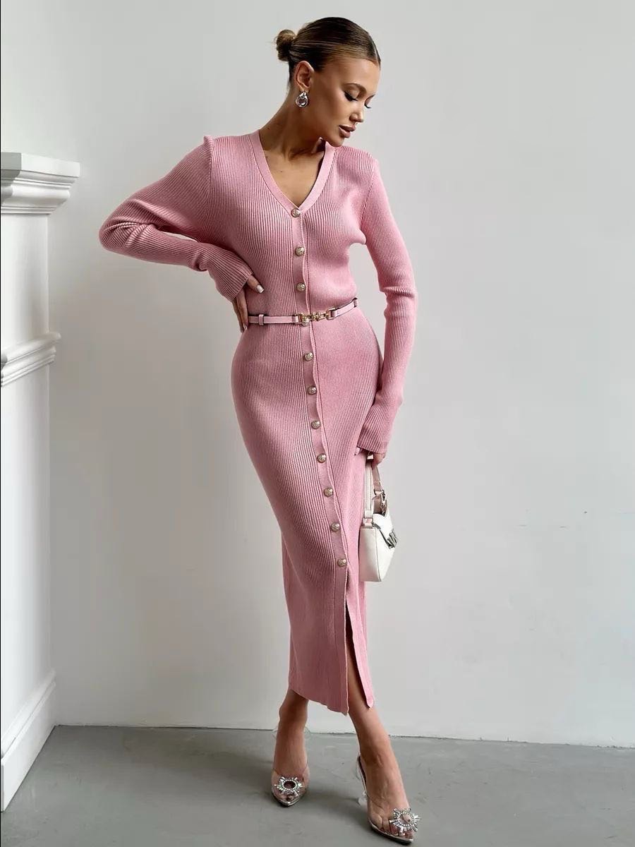 French Knitted Dress with Waist Belt, V-neck, Single Row Button, Western Style Sweater, Long Dress French Knitted Dress with Waist Belt, V-neck, Single Row Button, Western Style Sweater, Long Dress
