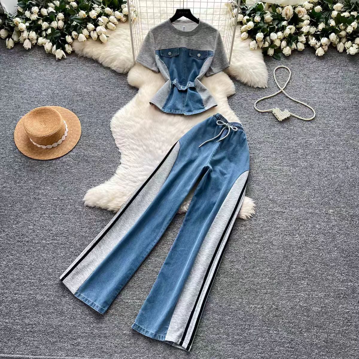 Hong Kong style retro patchwork short sleeved denim suit for women's summer daily casual straight leg pants two-piece set for slimming wear Hong Kong style retro patchwork short sleeved denim suit for women's summer daily casual straight leg pants two-piece set for slimming wear