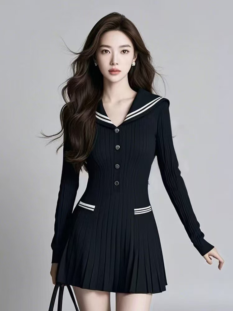 French black navy collar knitted dress for women in Spring and Autumn 2025, new high-end dress for socialites, sweater dress