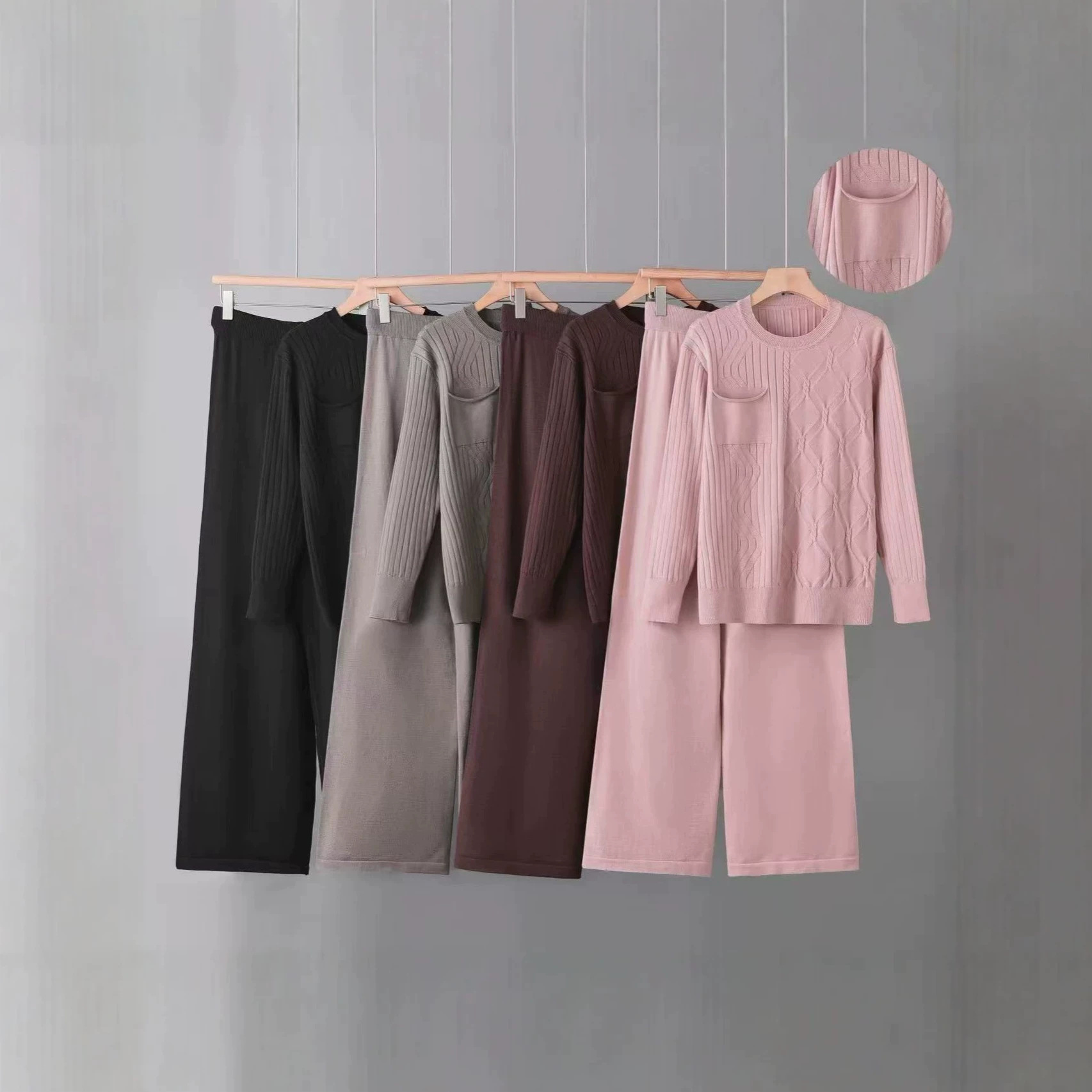 Soft and skin friendly knitted suit, women's round tie, pocket textured top, high waist and wide leg pants set, foreign trade
