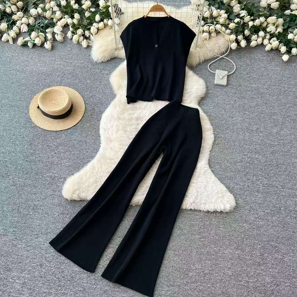 Korean chic summer outfit retro contrasting color lapel sleeveless knitted top+high waist slimming wide leg pants two-piece set Korean chic summer outfit retro contrasting color lapel sleeveless knitted top+high waist slimming wide leg pants two-piece set