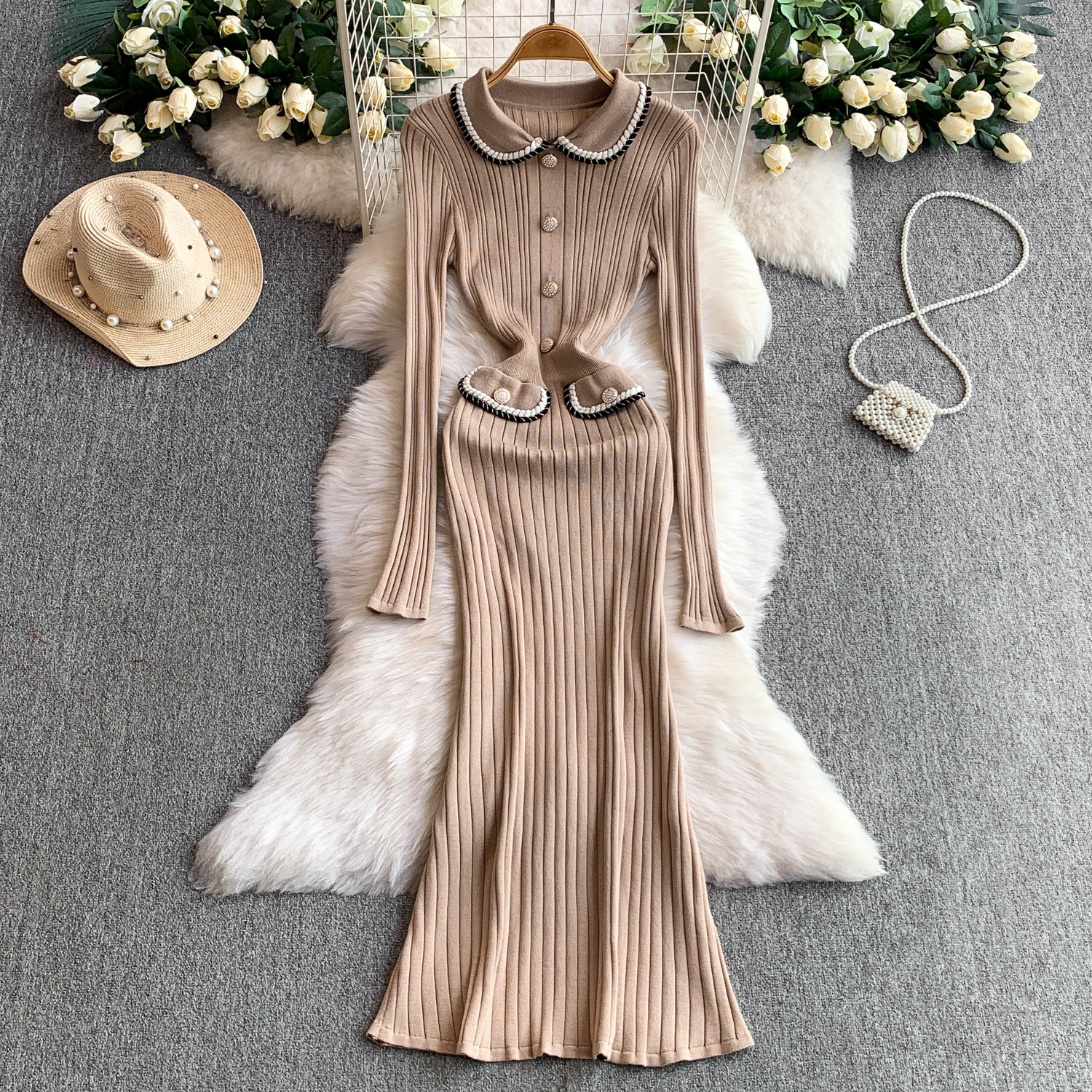 Foreign trade high-end temperament woven doll collar dress for women autumn and winter long sleeved knitted elastic waist with elegant fish tail Foreign trade high-end temperament woven doll collar dress for women autumn and winter long sleeved knitted elastic waist with elegant fish tail