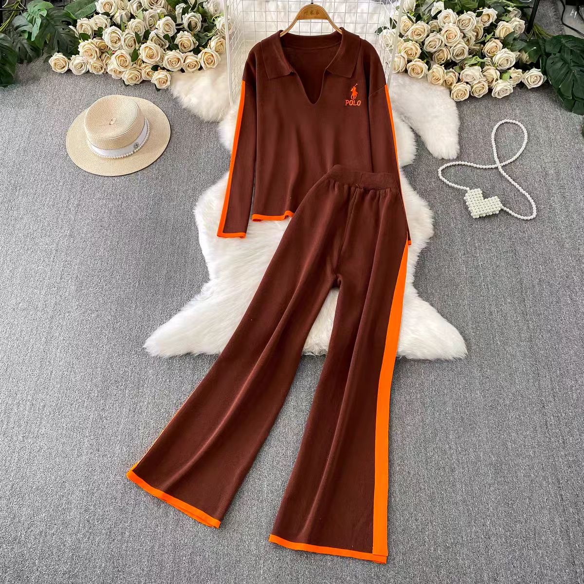 Leisure sports suit women's new embroidered round neck long sleeved knitted sweatshirt+high waist slimming two bar wide leg pants Leisure sports suit women's new embroidered round neck long sleeved knitted sweatshirt+high waist slimming two bar wide leg pants