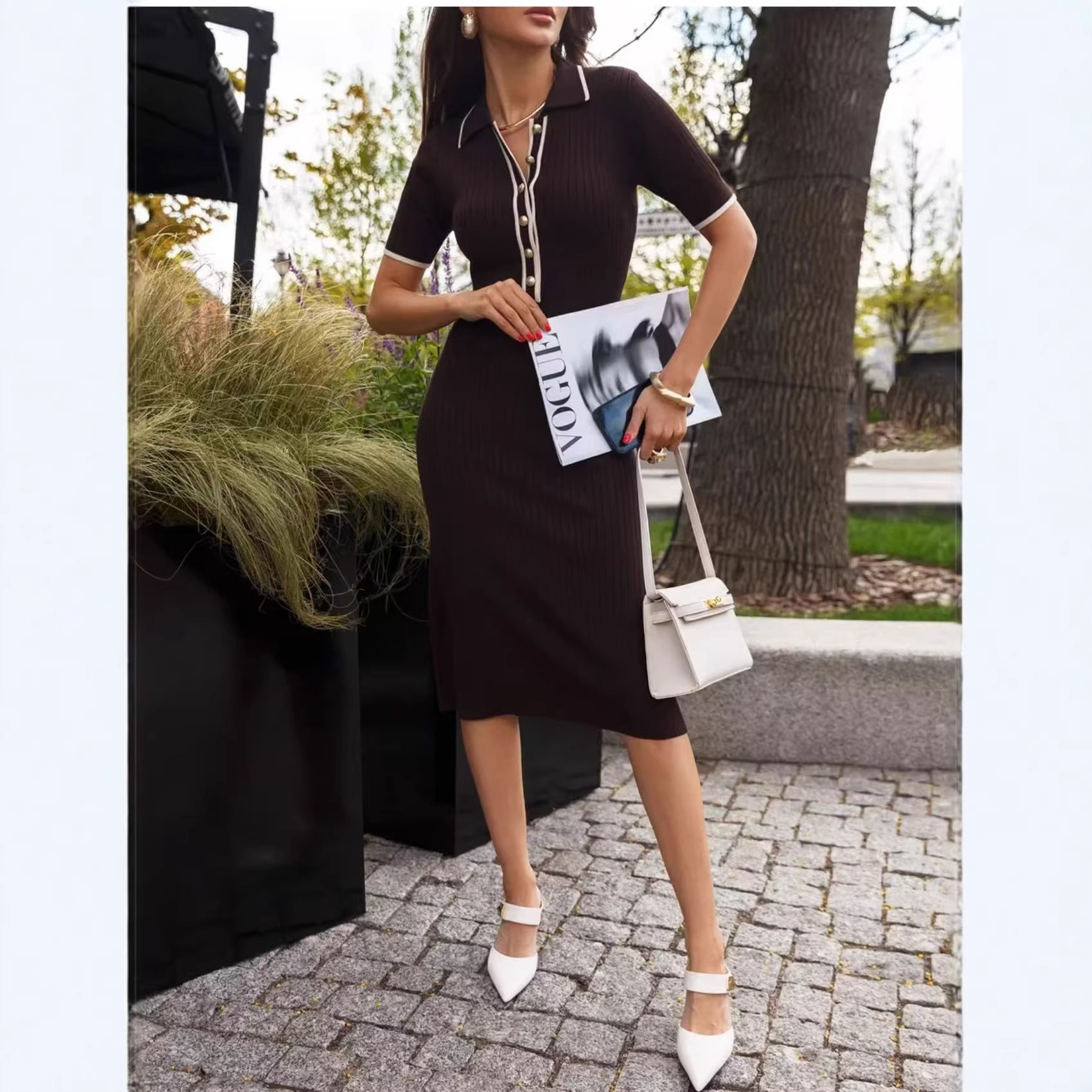 European and American cross-border Amazon independent station temperament splicing contrasting color bag hip short sleeved long single breasted knitted dress