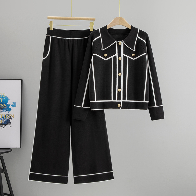 Cross border foreign trade fashion suit temperament style metal buckle contrasting edge cardigan top wide leg pants two-piece set women's spring and autumn Cross border foreign trade fashion suit temperament style metal buckle contrasting edge cardigan top wide leg pants two-piece set women's spring and autumn