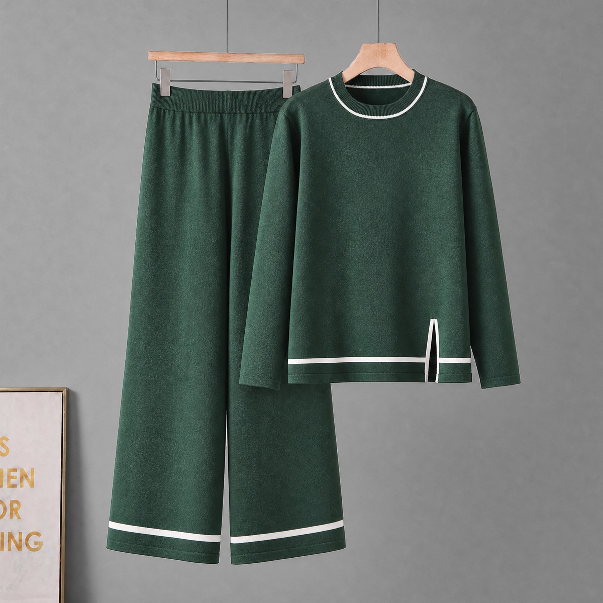 Amazon Women's New Color Contrasting Split Long Sleeve Knitted Set with High Waist and Wide Legs, Two Piece Set