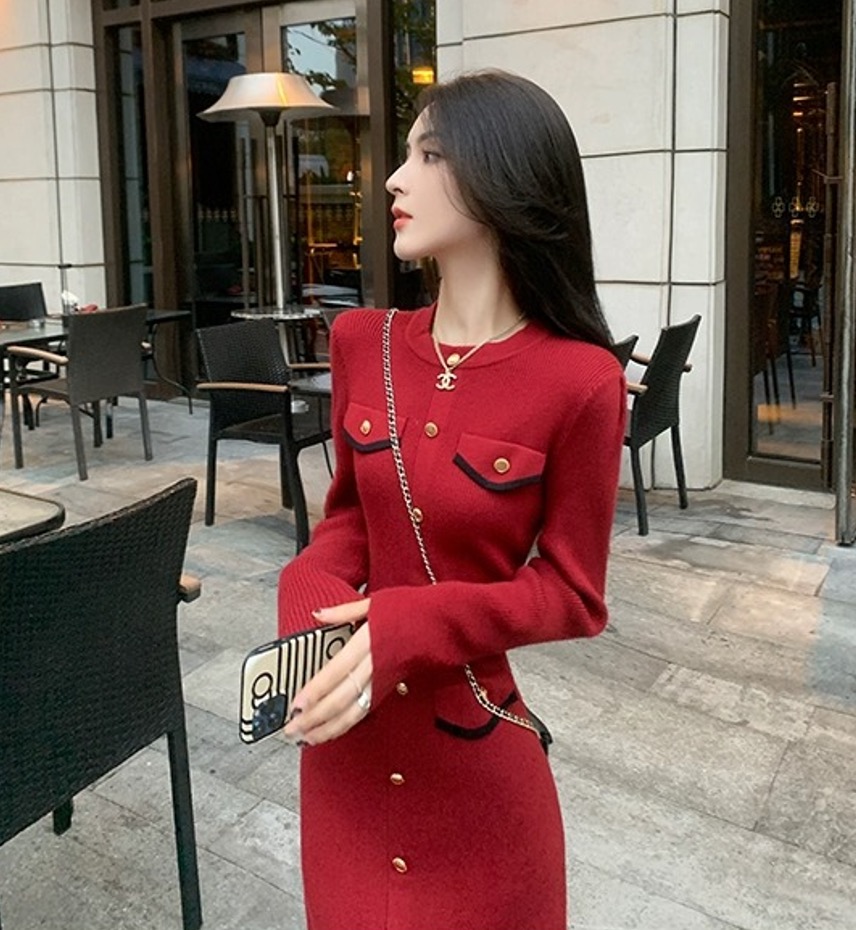Korean Xiaoxiangfeng Christmas Wedding Toast, Red Knitted Sweater Dress, Autumn and Winter Small Person Interior Undercover Skirt Korean Xiaoxiangfeng Christmas Wedding Toast, Red Knitted Sweater Dress, Autumn and Winter Small Person Interior Undercover Skirt