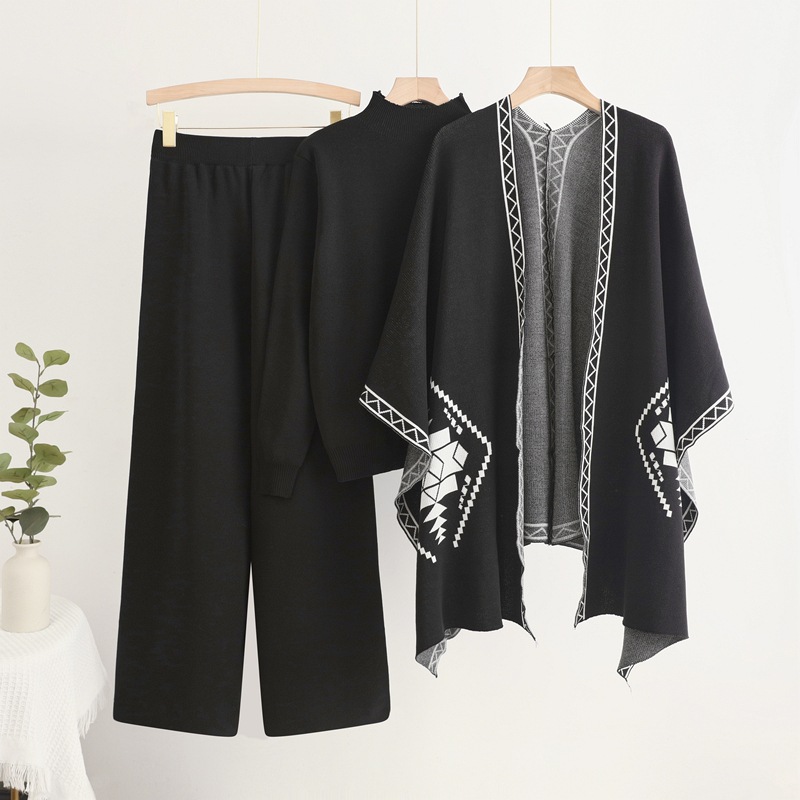 Cross border foreign trade loose and lazy mid neck pullover knitted sweater with shawl cloak jacket and wide leg pants three piece set Cross border foreign trade loose and lazy mid neck pullover knitted sweater with shawl cloak jacket and wide leg pants three piece set
