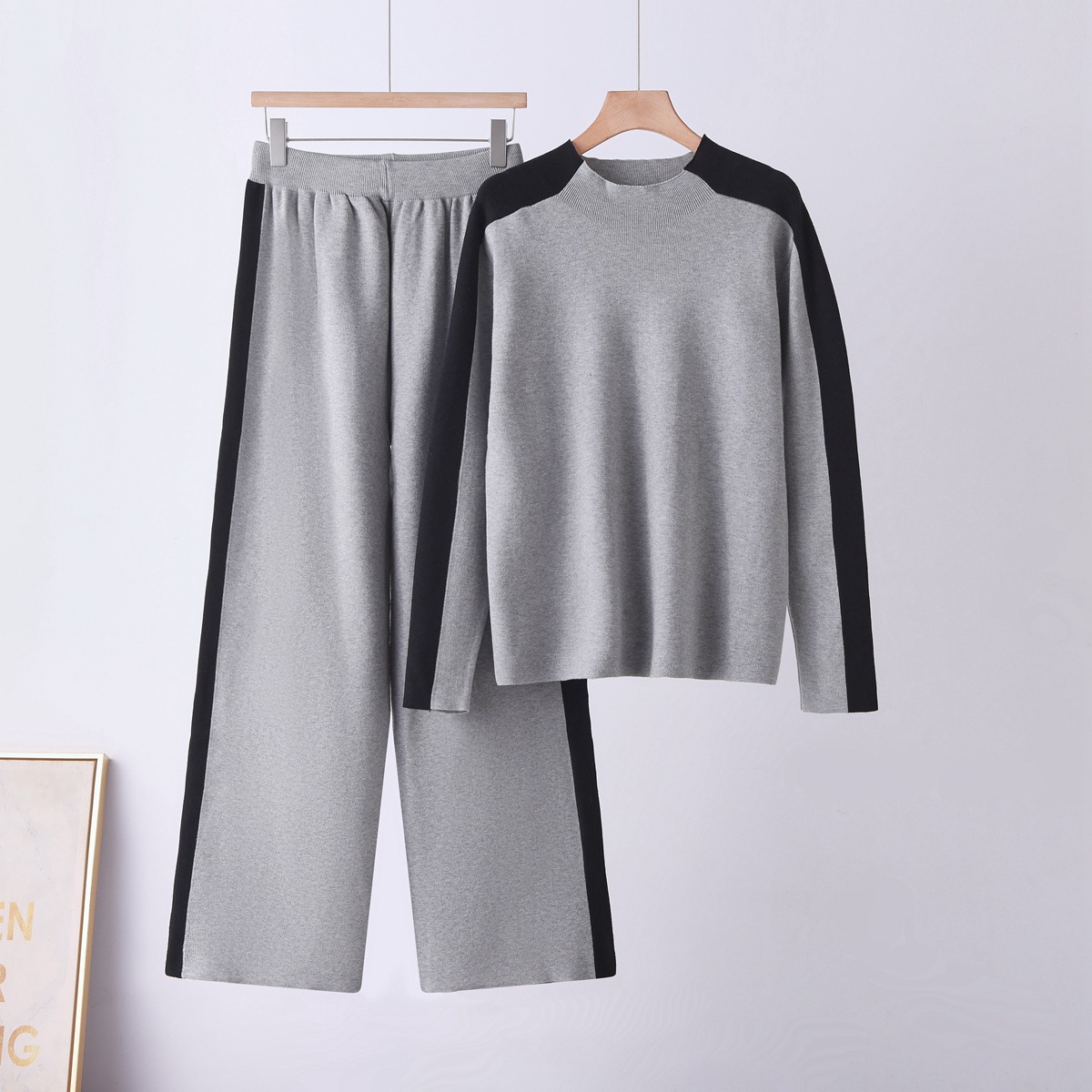 Cross border foreign trade new fashionable loose and slim knit sweater, women's high waisted contrasting wide leg pants two-piece set Cross border foreign trade new fashionable loose and slim knit sweater, women's high waisted contrasting wide leg pants two-piece set