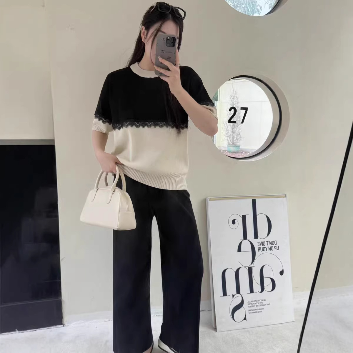 Cross border Knitted Shirt Summer Short Sleeve New Korean Edition Reduced Age Lace Hook and Flower Splicing Round Neck Hoodie Loose Knitted Set