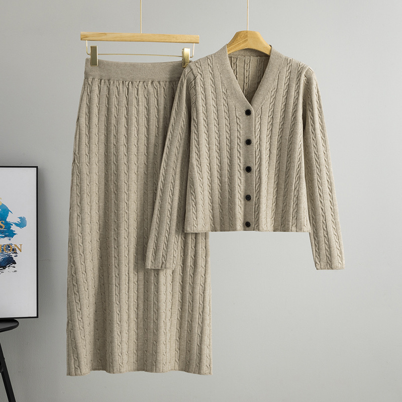 Cross border fashion suit Fried Dough Twists pattern small fragrance knitting cardigan top women's autumn and winter new high waist hip wrap skirt