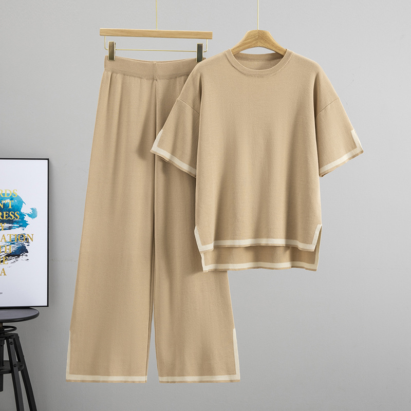 Summer new fashionable women's suit temperament contrasting color split short sleeved knitted shirt slimming wide leg pants long pants two-piece set