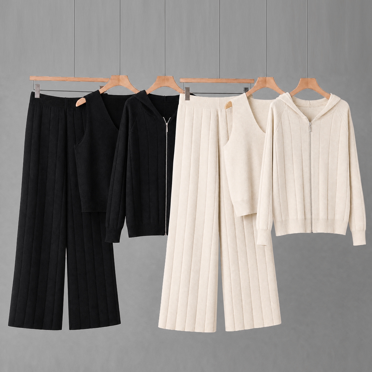 Korean fashion knitted suit women's 2025 autumn and winter new jacket camisole vest+high waist wide leg pants three piece set Korean fashion knitted suit women's 2025 autumn and winter new jacket camisole vest+high waist wide leg pants three piece set