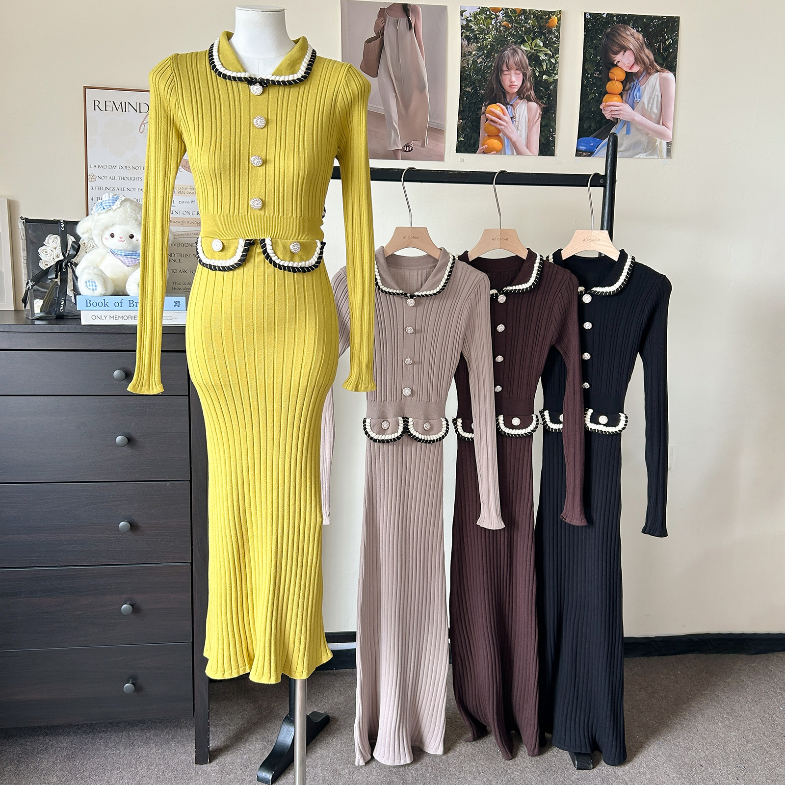 Foreign trade high-end temperament woven doll collar dress for women autumn and winter long sleeved knitted elastic waist with elegant fish tail