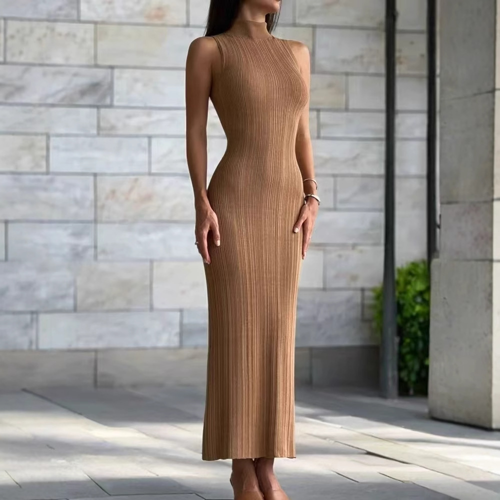 Cross border European and American Knitted High Neck Sleeveless Tight Skirt Spring/Summer New Mid length Skirt Elegant French European and American Dress for Women