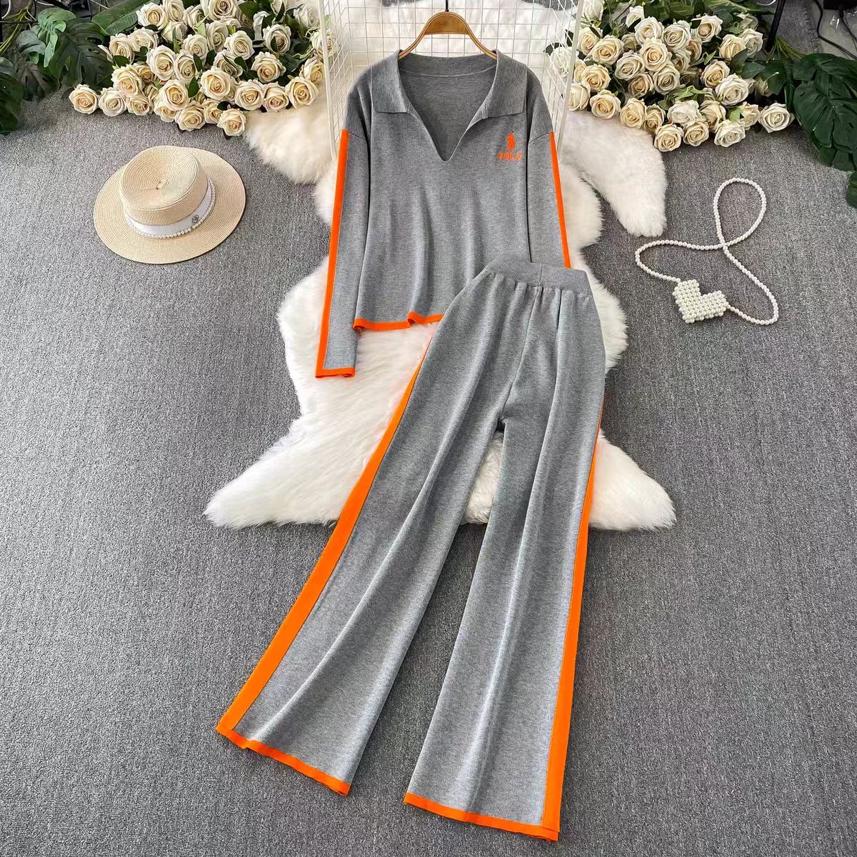 Leisure sports suit women's new embroidered round neck long sleeved knitted sweatshirt+high waist slimming two bar wide leg pants Leisure sports suit women's new embroidered round neck long sleeved knitted sweatshirt+high waist slimming two bar wide leg pants