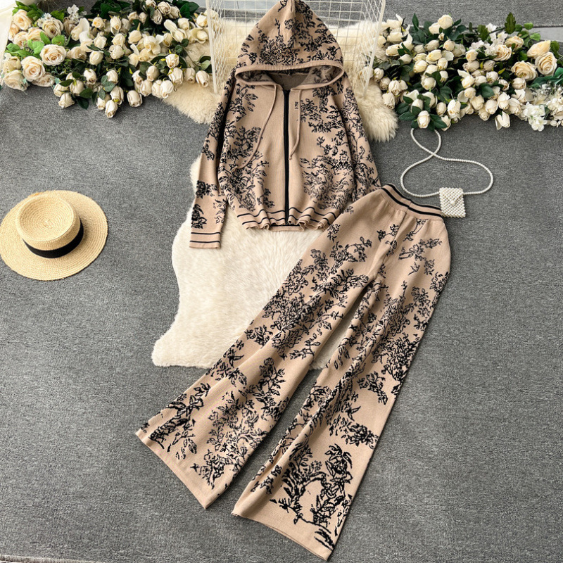 Fashion suit women's spring and autumn ink painting jacquard zipper hooded knitted sweatshirt two-piece set high waist wide leg pants