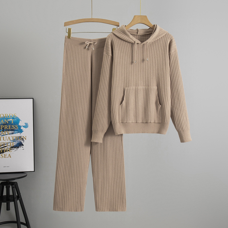 Cross border women's clothing Amazon 2026 autumn new knitted sweater hooded pit stripe kangaroo pocket hoodie two-piece set
