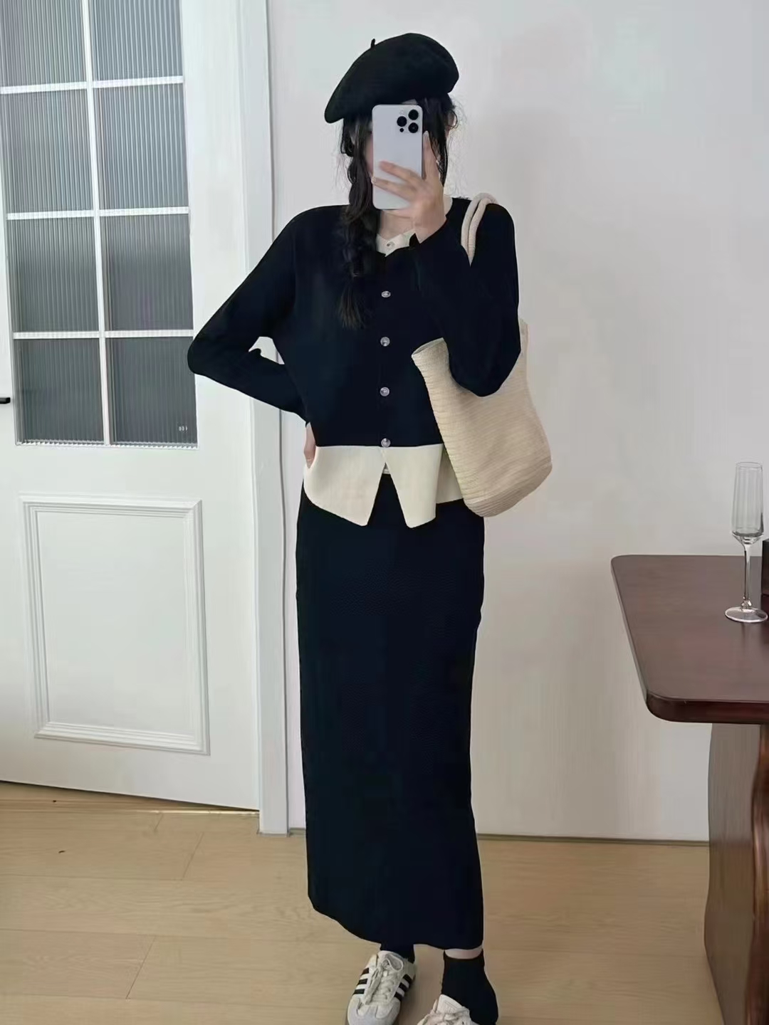 Korean casual set chic French gentle round neck contrasting color single breasted knitted high waist slimming skirt set