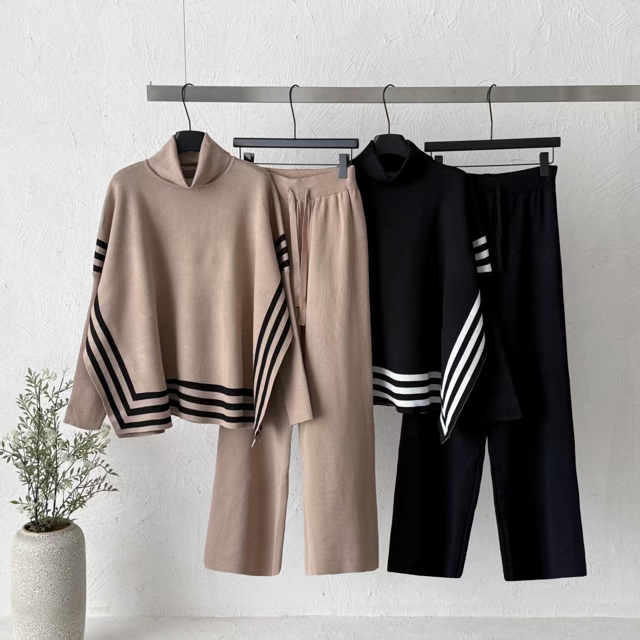 Cross border commuting leisure two-piece knitted suit for women in spring and autumn, slim and high necked striped top, wide leg pants two-piece set