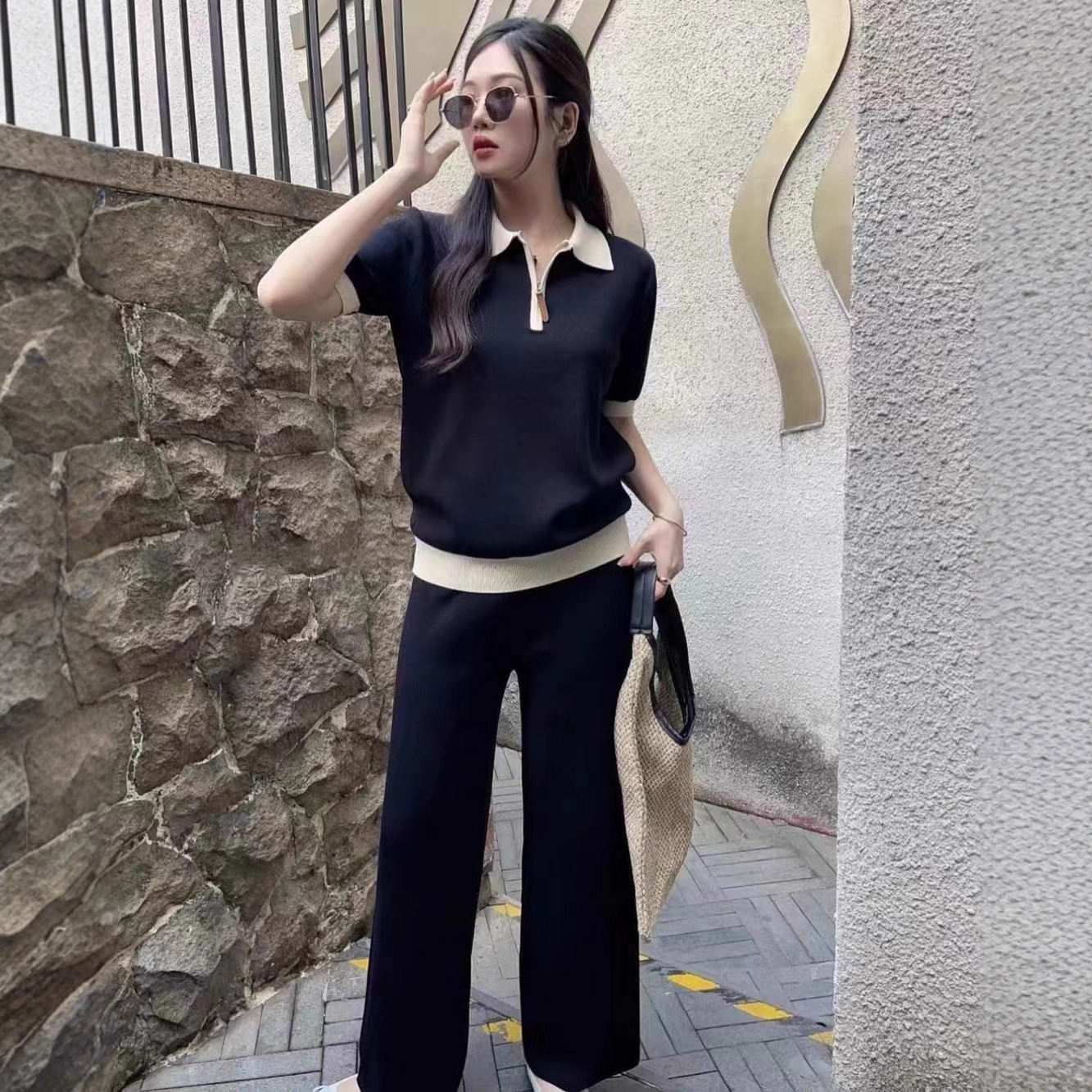 Foreign trade collar short sleeved women's 2026 new summer stylish, age reducing, versatile, loose and slimming POLO knitted two-piece set