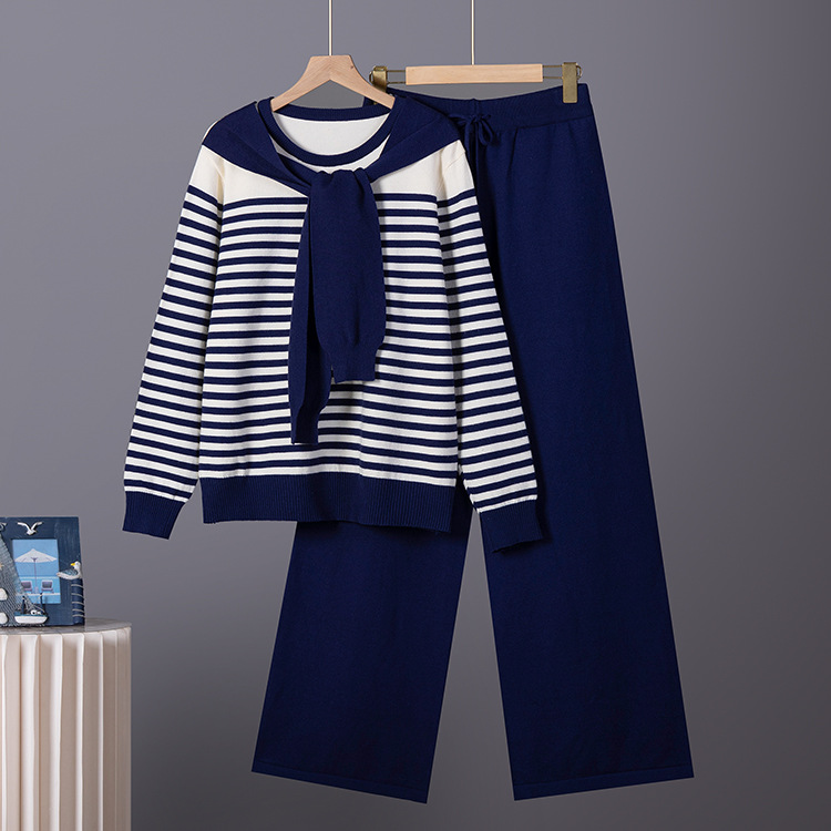Cross border autumn and winter new style fashionable small fragrance professional knitted suit women's striped sweater wide leg pants two-piece set