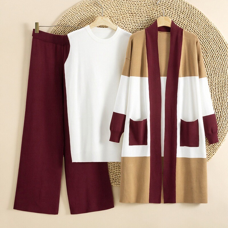Cross border foreign trade women's clothing 2025 autumn new item European and American knitted medium long cardigan vest wide leg pants three piece set Cross border foreign trade women's clothing 2025 autumn new item European and American knitted medium long cardigan vest wide leg pants three piece set