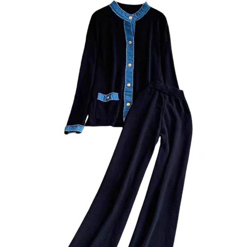 French socialite goddess style fashionable design denim patchwork knitted round neck jacket+high waist wide leg pants two-piece set French socialite goddess style fashionable design denim patchwork knitted round neck jacket+high waist wide leg pants two-piece set