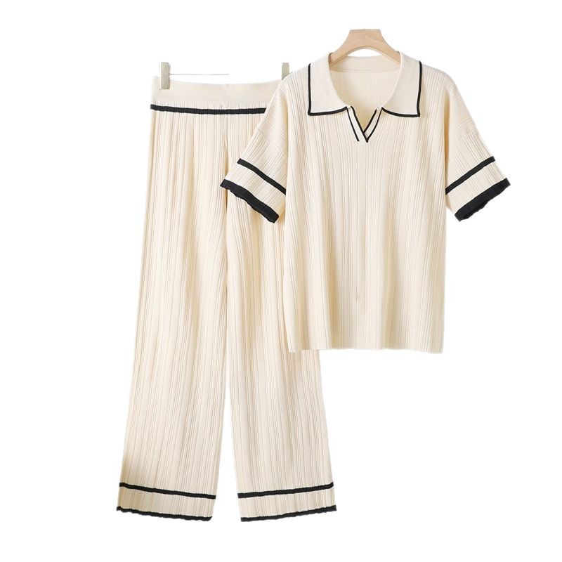 2025 New Korean Summer Dress Polo Collar Short Sleeve Fashion Loose Top Look Thin High Waist Wide Leg Pants Set Cross 2025 New Korean Summer Dress Polo Collar Short Sleeve Fashion Loose Top Look Thin High Waist Wide Leg Pants Set Cross