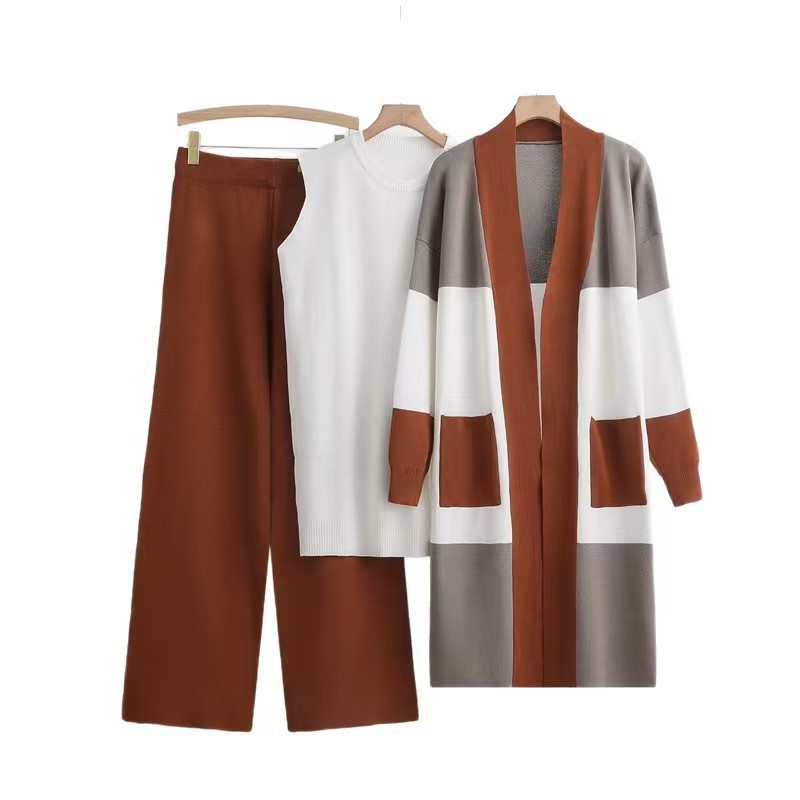 Cross border foreign trade women's clothing 2025 autumn new item European and American knitted medium long cardigan vest wide leg pants three piece set Cross border foreign trade women's clothing 2025 autumn new item European and American knitted medium long cardigan vest wide leg pants three piece set