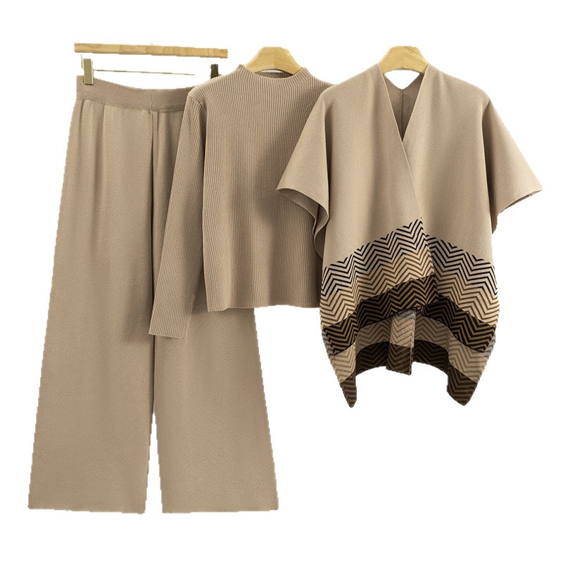 Stripe gradient versatile fashion shawl simple knitted top wide leg pants fashion set autumn and winter new style western-style women Stripe gradient versatile fashion shawl simple knitted top wide leg pants fashion set autumn and winter new style western-style women