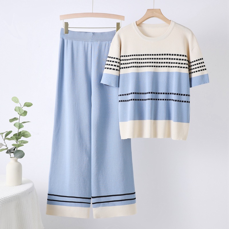 Fashion Knitted Set for Women's Summer 2025 New Style Color Contrasting Top, High Waist, Slim and Wide Leg Pants Two Piece Set