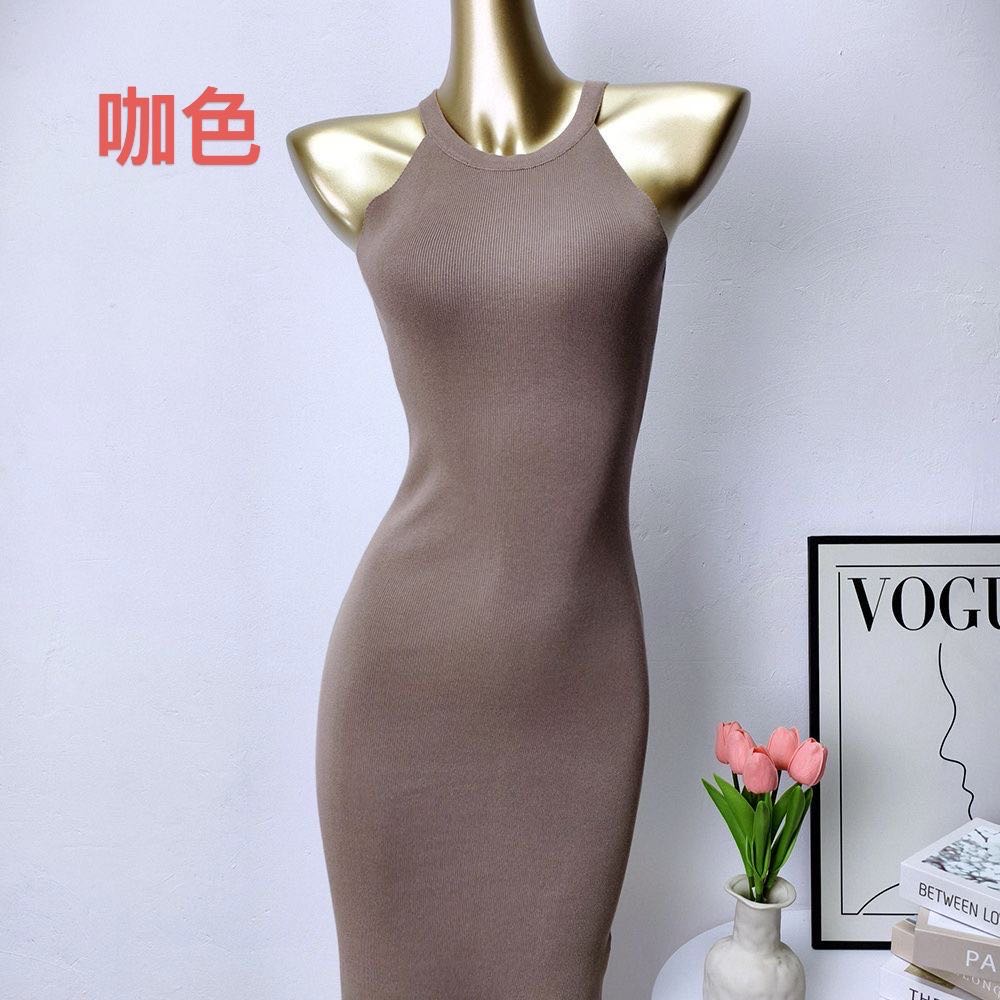 Hanging neck and off shoulder knitted dress for women's hair, spring and summer new style, pure desire, slim fit, sexy, waist cinching, slimming, hip hugging skirt