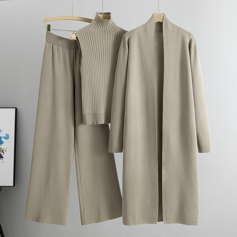 Cross border European and American style fashionable long cardigan+vest+wide leg pants loose slimming solid color three piece set for women in autumn