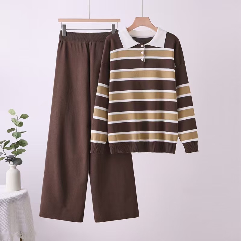 Cross border Korean contrasting striped base shirt polo collar lapel knit top wide leg pants two-piece set Cross border Korean contrasting striped base shirt polo collar lapel knit top wide leg pants two-piece set